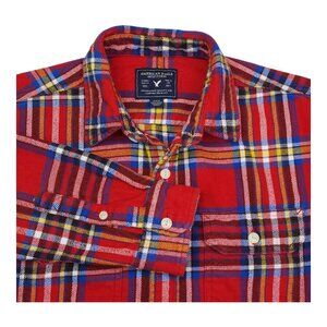 American Eagle Red Plaid Mens Flannel Shirt M Button Up 100% Cotton Casual